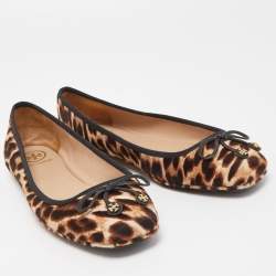 Pre Owned Tory Burch Black/Brown Leopard Print Calf Hair Laila Square Toe Ballet Flats Size 38.5