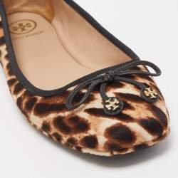 Pre Owned Tory Burch Black/Brown Leopard Print Calf Hair Laila Square Toe Ballet Flats Size 38.5