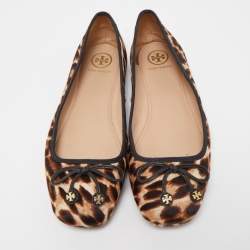 Pre Owned Tory Burch Black/Brown Leopard Print Calf Hair Laila Square Toe Ballet Flats Size 38.5