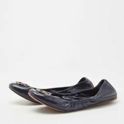 Pre Owned Tory Burch Metallic Blue Leather Scrunch Ballet  Flats Size 40.5