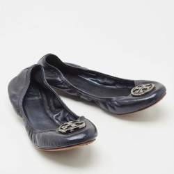Pre Owned Tory Burch Metallic Blue Leather Scrunch Ballet  Flats Size 40.5