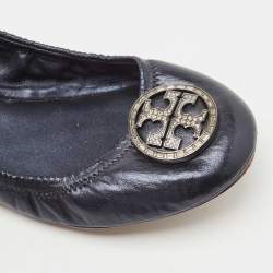 Pre Owned Tory Burch Metallic Blue Leather Scrunch Ballet  Flats Size 40.5