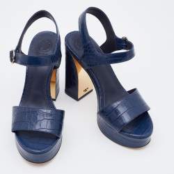 Pre Owned Tory Burch Blue Croc Embossed Leather Block Heel Ankle Strap Sandals Size 37.5