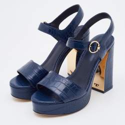 Pre Owned Tory Burch Blue Croc Embossed Leather Block Heel Ankle Strap Sandals Size 37.5
