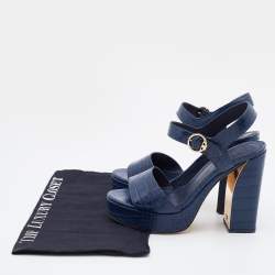 Pre Owned Tory Burch Blue Croc Embossed Leather Block Heel Ankle Strap Sandals Size 37.5