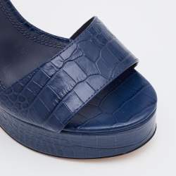 Pre Owned Tory Burch Blue Croc Embossed Leather Block Heel Ankle Strap Sandals Size 37.5