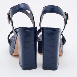 Pre Owned Tory Burch Blue Croc Embossed Leather Block Heel Ankle Strap Sandals Size 37.5