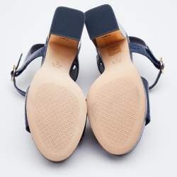 Pre Owned Tory Burch Blue Croc Embossed Leather Block Heel Ankle Strap Sandals Size 37.5