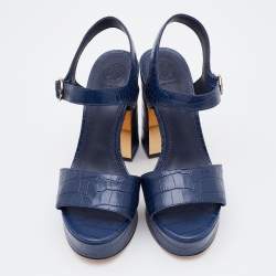 Pre Owned Tory Burch Blue Croc Embossed Leather Block Heel Ankle Strap Sandals Size 37.5