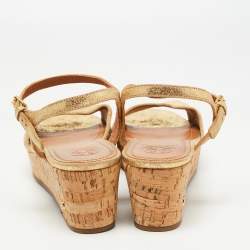 Pre Owned Tory Burch Gold Leather Ankle Strap Platform Sandals Size 41