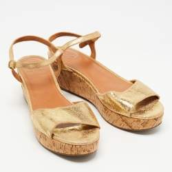 Pre Owned Tory Burch Gold Leather Ankle Strap Platform Sandals Size 41