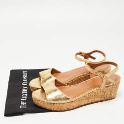 Pre Owned Tory Burch Gold Leather Ankle Strap Platform Sandals Size 41