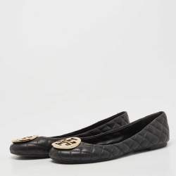 Pre Owned Tory Burch Black Quilted Leather Reva Ballet Flats Size 38.5