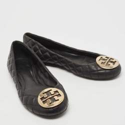 Pre Owned Tory Burch Black Quilted Leather Reva Ballet Flats Size 38.5