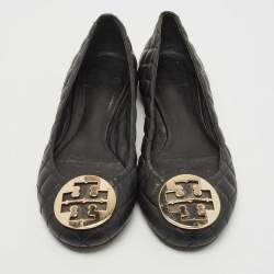Pre Owned Tory Burch Black Quilted Leather Reva Ballet Flats Size 38.5