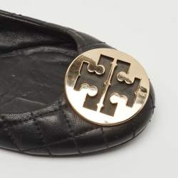 Pre Owned Tory Burch Black Quilted Leather Reva Ballet Flats Size 38.5
