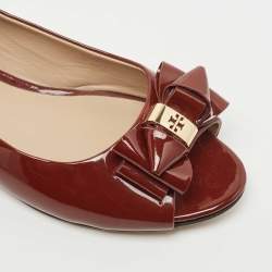 Pre Owned Tory Burch Burgundy Patent Leather Bow Peep Toe Ballet Flats Size 37.5