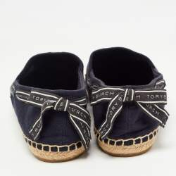 Pre Owned Tory Burch Blue Canvas Bow Slip On Espadrille Loafers Size 41 