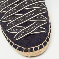 Pre Owned Tory Burch Blue Canvas Bow Slip On Espadrille Loafers Size 41 