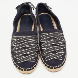Pre Owned Tory Burch Blue Canvas Bow Slip On Espadrille Loafers Size 41 