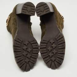 Pre Owned Tory Burch Green Suede Sofia Lugged Logo Charm Ankle Boots Size 38.5