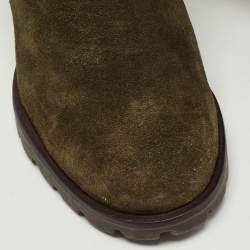 Pre Owned Tory Burch Green Suede Sofia Lugged Logo Charm Ankle Boots Size 38.5