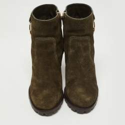 Pre Owned Tory Burch Green Suede Sofia Lugged Logo Charm Ankle Boots Size 38.5
