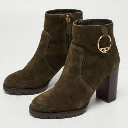 Pre Owned Tory Burch Green Suede Sofia Lugged Logo Charm Ankle Boots Size 38.5