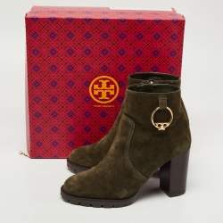 Pre Owned Tory Burch Green Suede Sofia Lugged Logo Charm Ankle Boots Size 38.5