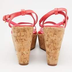 Tory Burch Pink Patent  Leather Dahlia Cork Platform Wedge Sandals Size 38.5
