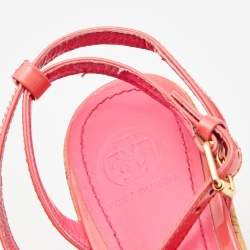Tory Burch Pink Patent  Leather Dahlia Cork Platform Wedge Sandals Size 38.5