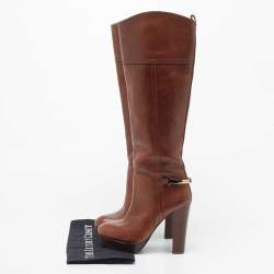 Pre Owned Tory Burch Brown Leather Zip Detail Knee Length Platform Knee Length Boots Size 35