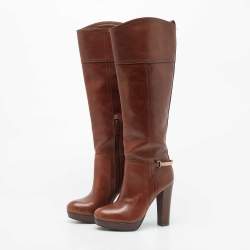 Pre Owned Tory Burch Brown Leather Zip Detail Knee Length Platform Knee Length Boots Size 35