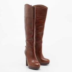 Pre Owned Tory Burch Brown Leather Zip Detail Knee Length Platform Knee Length Boots Size 35