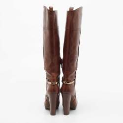 Pre Owned Tory Burch Brown Leather Zip Detail Knee Length Platform Knee Length Boots Size 35