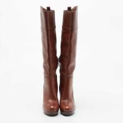 Pre Owned Tory Burch Brown Leather Zip Detail Knee Length Platform Knee Length Boots Size 35