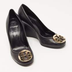 Pre Owned Tory Burch Black Leather Sophie Wedge Pumps Size 39.5