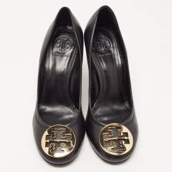 Pre Owned Tory Burch Black Leather Sophie Wedge Pumps Size 39.5