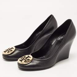 Pre Owned Tory Burch Black Leather Sophie Wedge Pumps Size 39.5
