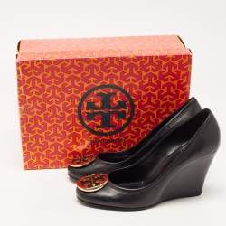 Pre Owned Tory Burch Black Leather Sophie Wedge Pumps Size 39.5