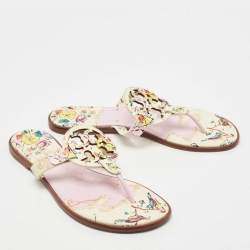Pre Owned Tory Burch Cream/Pink Printed Leather Miller Thong Flats Size 38.5