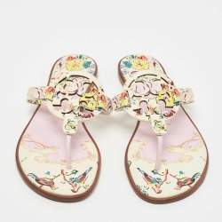 Pre Owned Tory Burch Cream/Pink Printed Leather Miller Thong Flats Size 38.5