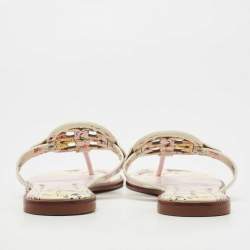 Pre Owned Tory Burch Cream/Pink Printed Leather Miller Thong Flats Size 38.5