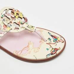 Pre Owned Tory Burch Cream/Pink Printed Leather Miller Thong Flats Size 38.5