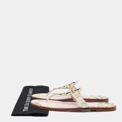 Pre Owned Tory Burch Cream/Pink Printed Leather Miller Thong Flats Size 38.5