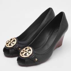 Pre Owned Tory Burch Black Leather Sally 2 Wedge Pumps Size 35