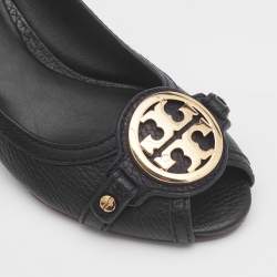 Pre Owned Tory Burch Black Leather Sally 2 Wedge Pumps Size 35