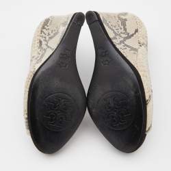 Tory Burch Black/Grey Suede and Python Embossed Leather Sandra Wedge Peep Toe Pumps Size 36.5