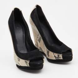 Tory Burch Black/Grey Suede and Python Embossed Leather Sandra Wedge Peep Toe Pumps Size 36.5