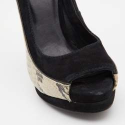 Tory Burch Black/Grey Suede and Python Embossed Leather Sandra Wedge Peep Toe Pumps Size 36.5